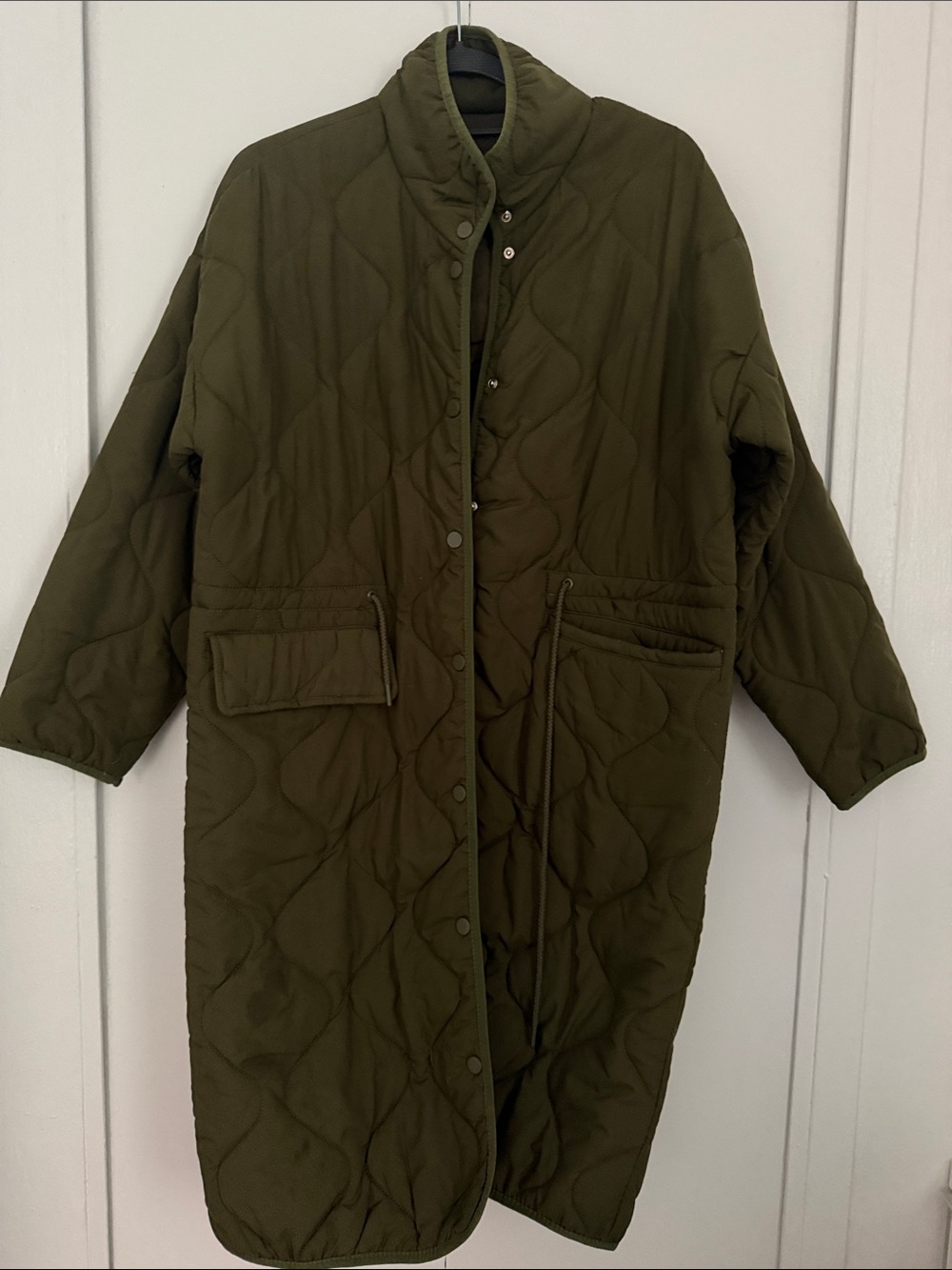 Olive Green Quilted Long Coat - Women's Jacket & Coat Zara